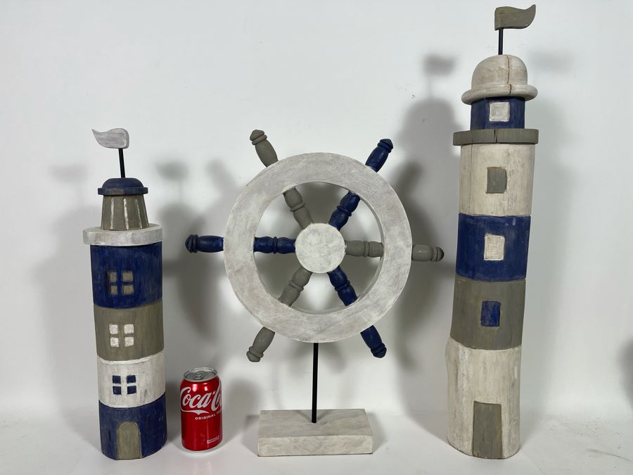 Wooden Nautical Home Decor Lot Featuring Two Lighthouses And Ship's Wheel [Photo 2]