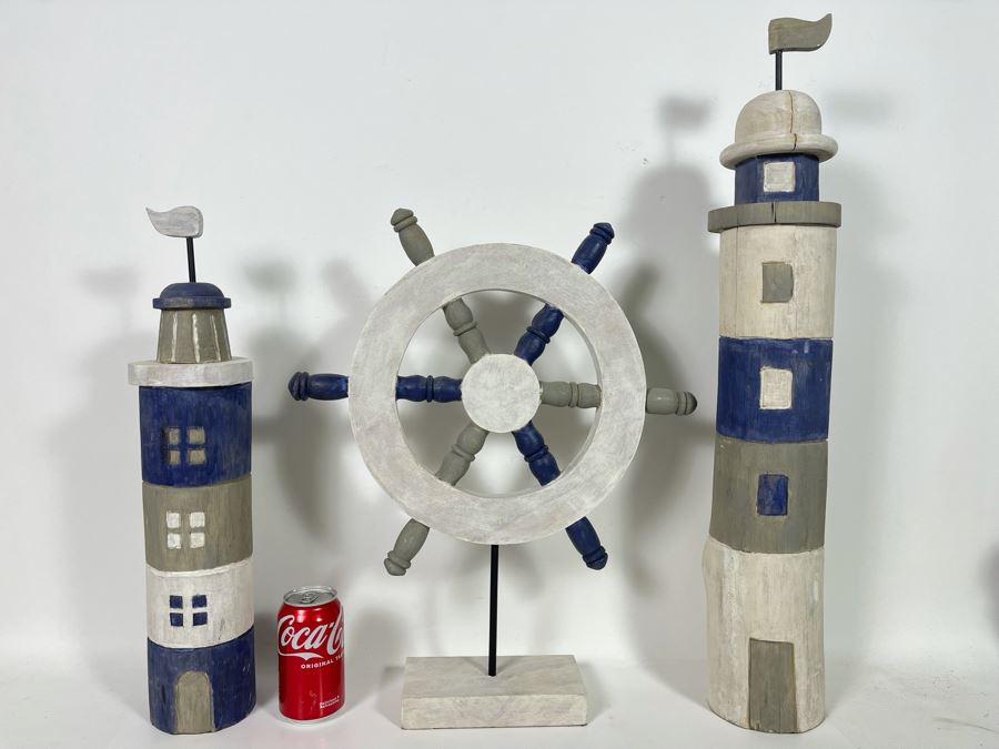 Wooden Nautical Home Decor Lot Featuring Two Lighthouses And Ship's Wheel [Photo 3]
