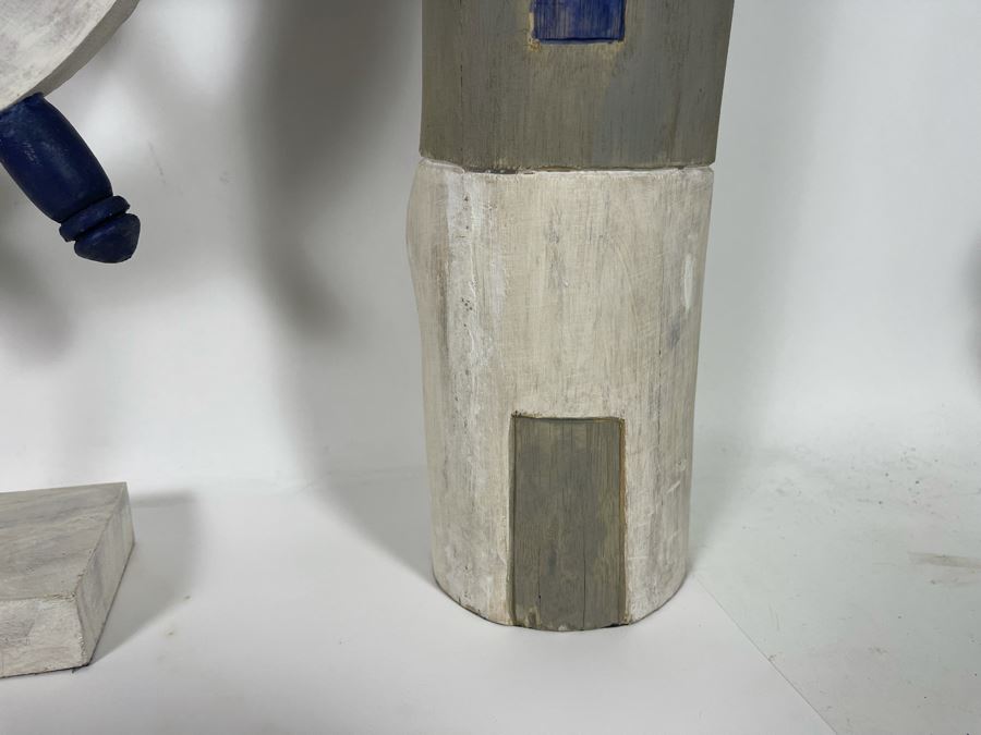 Wooden Nautical Home Decor Lot Featuring Two Lighthouses And Ship's Wheel [Photo 5]