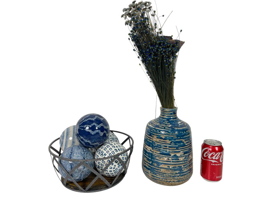 Metal Basket Filled With Decorative Balls And Blue Pottery Vase [Photo 1]