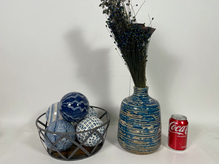 Metal Basket Filled With Decorative Balls And Blue Pottery Vase [Photo 2]