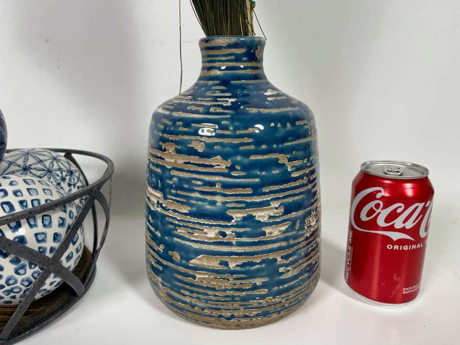 Metal Basket Filled With Decorative Balls And Blue Pottery Vase [Photo 5]