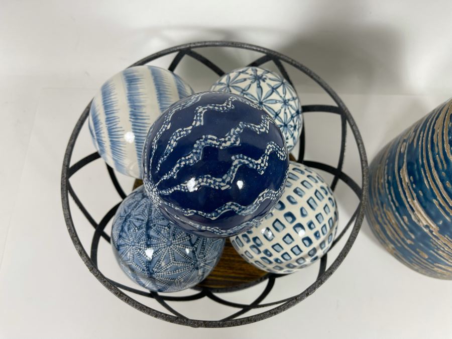 Metal Basket Filled With Decorative Balls And Blue Pottery Vase [Photo 6]