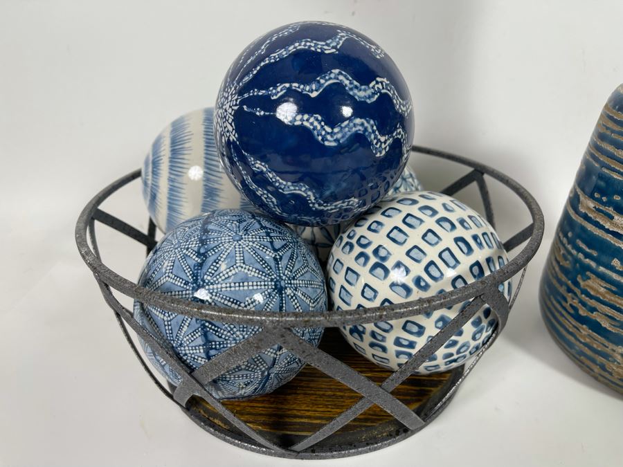 Metal Basket Filled With Decorative Balls And Blue Pottery Vase [Photo 7]
