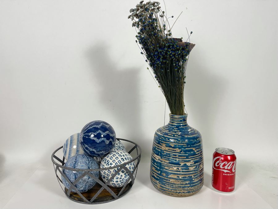 Metal Basket Filled With Decorative Balls And Blue Pottery Vase [Photo 4]