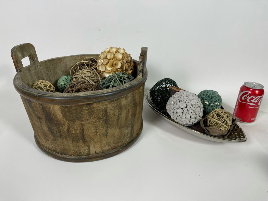 Decorative Wooden Basket With Handles Filled With Decorative Stick Balls And Silver Dish Filled With Decorative Balls [Photo 1]