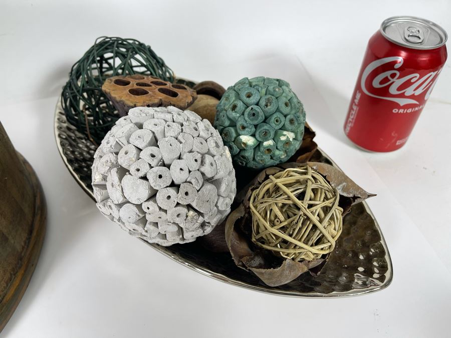 Decorative Wooden Basket With Handles Filled With Decorative Stick Balls And Silver Dish Filled With Decorative Balls [Photo 6]