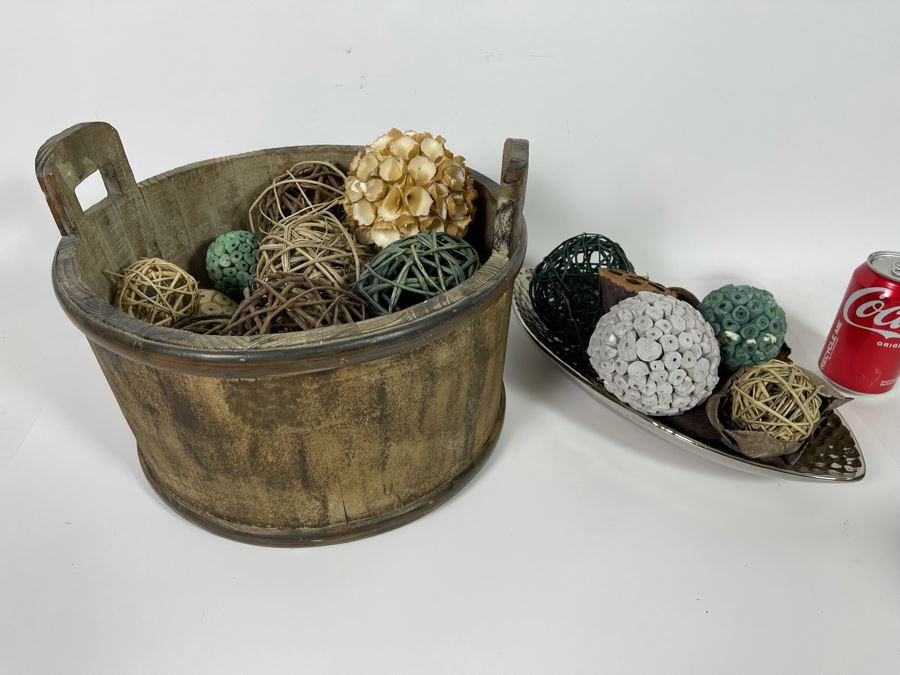 Decorative Wooden Basket With Handles Filled With Decorative Stick Balls And Silver Dish Filled With Decorative Balls [Photo 2]