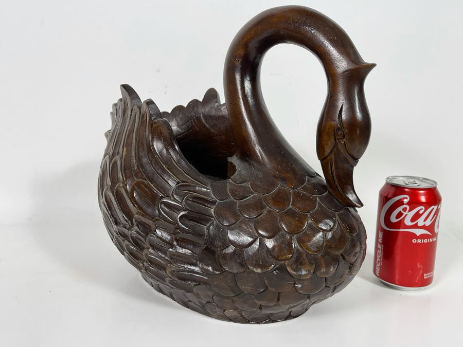 Large Carved Wooden Swan Sculpture Basket Signed On Bottom Sutis [Photo 4]