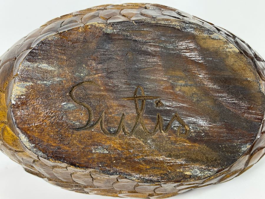 Large Carved Wooden Swan Sculpture Basket Signed On Bottom Sutis [Photo 7]