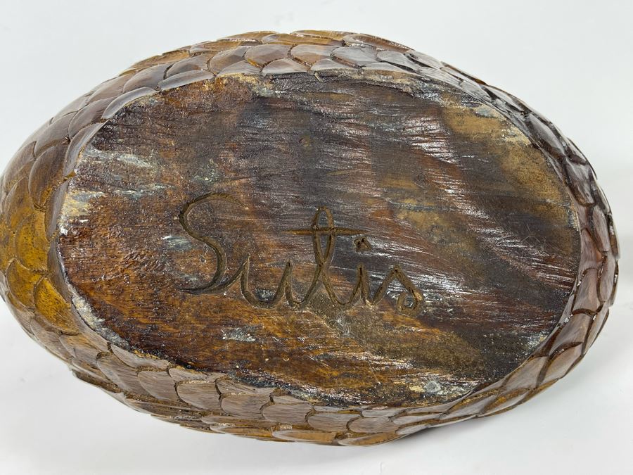 Large Carved Wooden Swan Sculpture Basket Signed On Bottom Sutis [Photo 8]