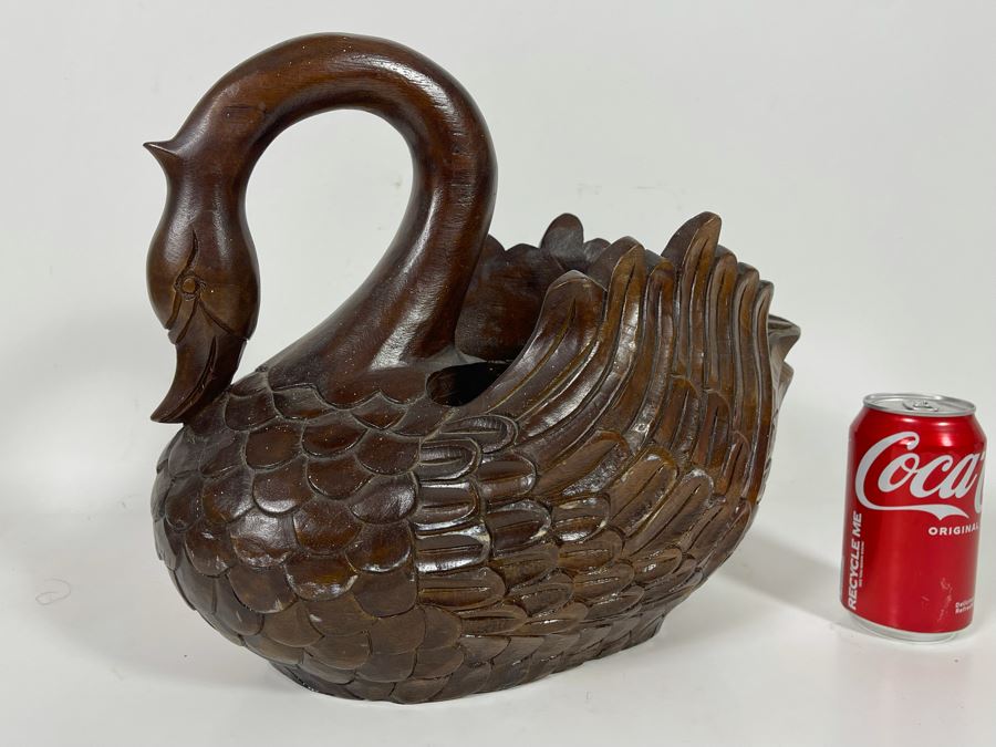 Large Carved Wooden Swan Sculpture Basket Signed On Bottom Sutis [Photo 5]