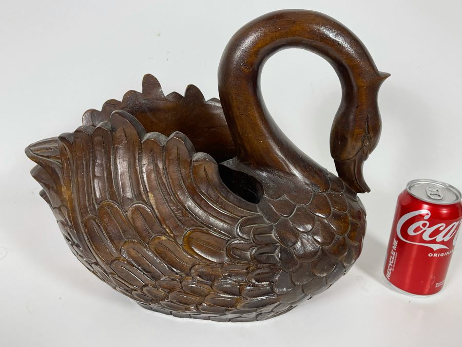 Large Carved Wooden Swan Sculpture Basket Signed On Bottom Sutis [Photo 2]