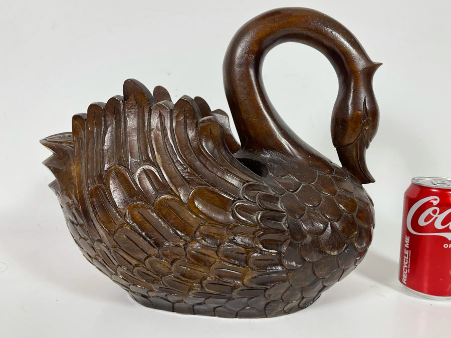 Large Carved Wooden Swan Sculpture Basket Signed On Bottom Sutis [Photo 1]