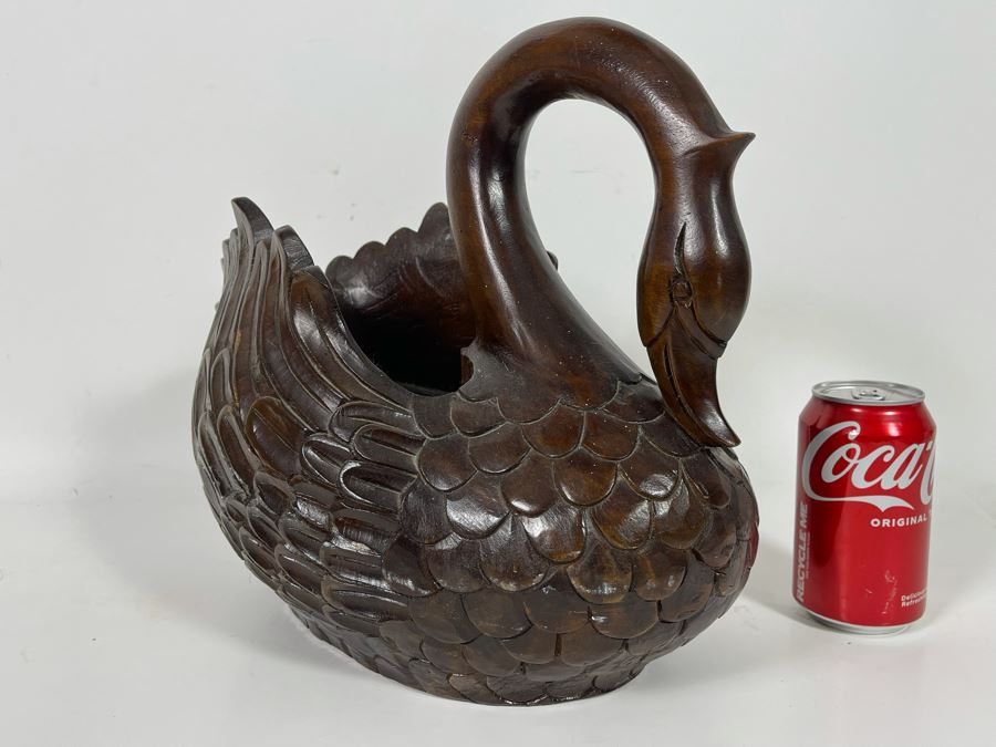 Large Carved Wooden Swan Sculpture Basket Signed On Bottom Sutis [Photo 3]