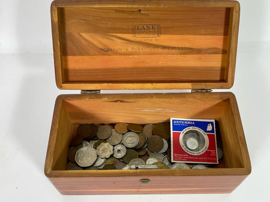 LANE Cedar Box Salesman's Sample Chest 9W X 4D X 4H Filled With Foreign Coins - See Photos