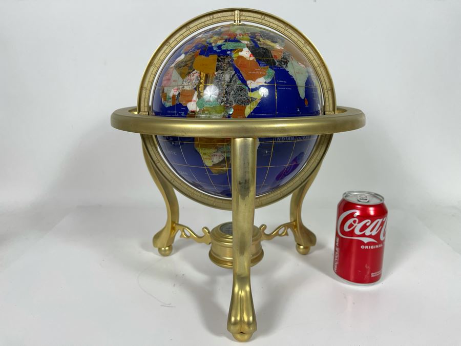 Tabletop Semi-Precious Inlaid Stone Globe With Brass Stand 13 X 15 [Photo 1]