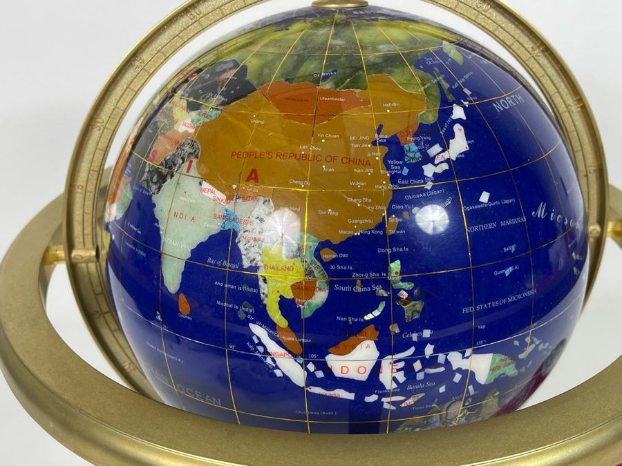 Tabletop Semi-Precious Inlaid Stone Globe With Brass Stand 13 X 15 [Photo 6]