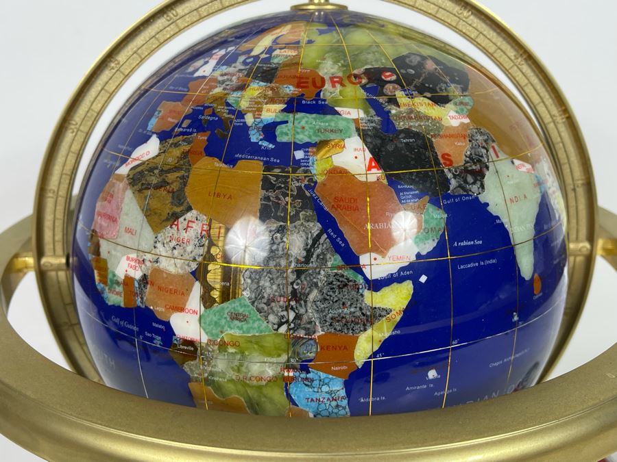 Tabletop Semi-Precious Inlaid Stone Globe With Brass Stand 13 X 15 [Photo 3]