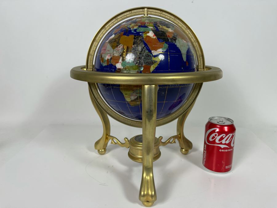 Tabletop Semi-Precious Inlaid Stone Globe With Brass Stand 13 X 15 [Photo 2]