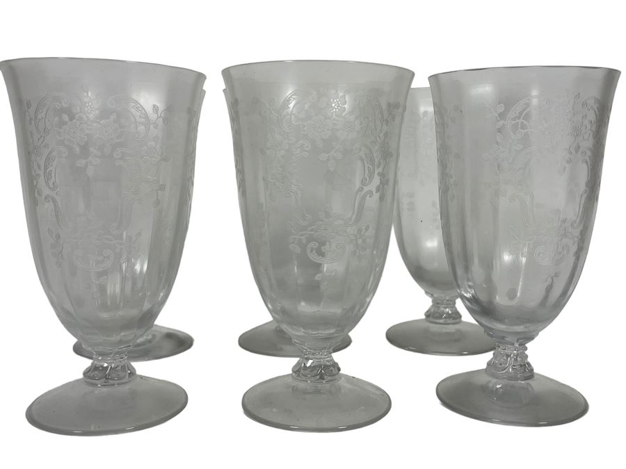 Six Etched Stemware Crystal Glasses 6H