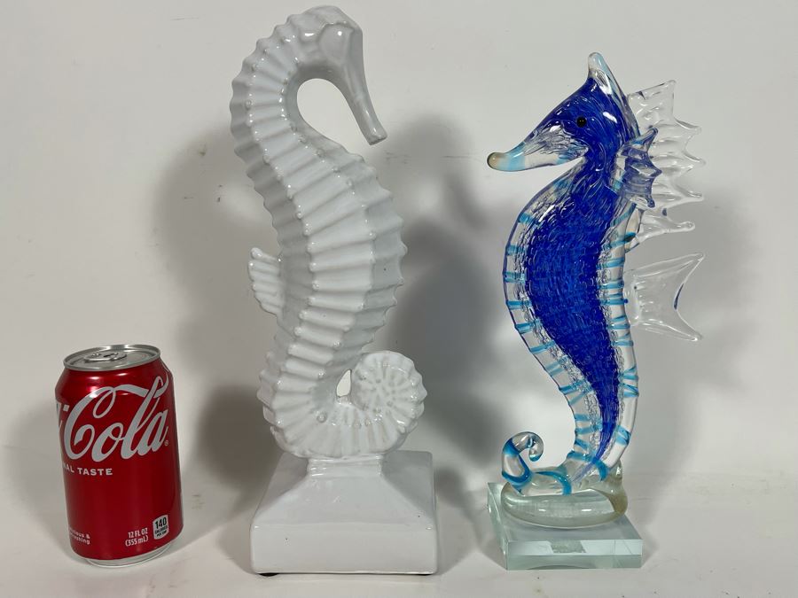 Pair Of Seahorse Sculptures (White Ceramic / Glass) [Photo 3]