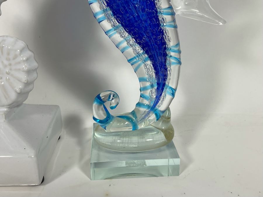 Pair Of Seahorse Sculptures (White Ceramic / Glass) [Photo 5]