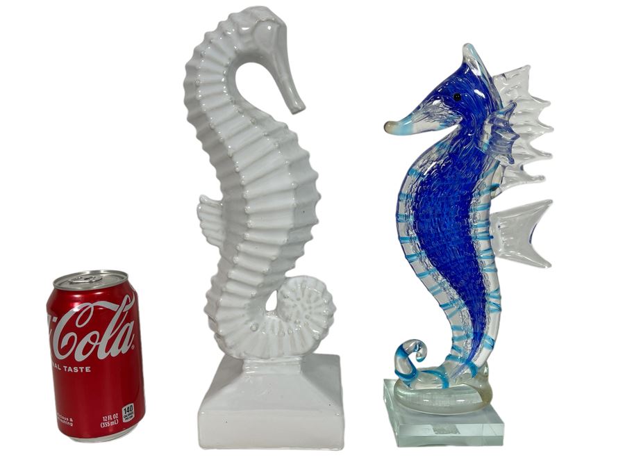 Pair Of Seahorse Sculptures (White Ceramic / Glass) [Photo 1]