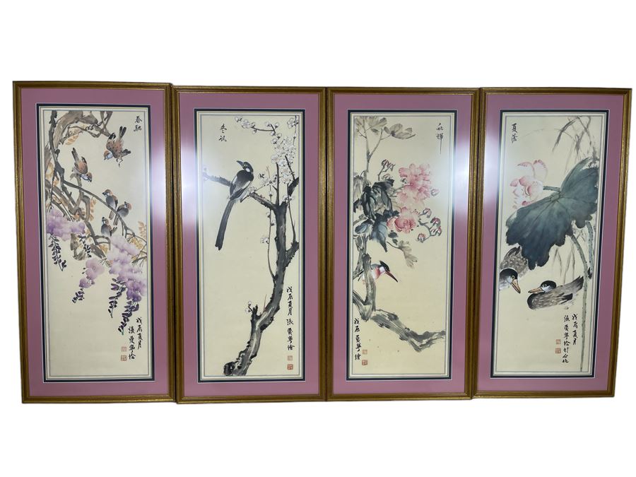 Set Of Four Framed Original Chinese Four Seasons Paintings Each Measures 19W X 39.5H