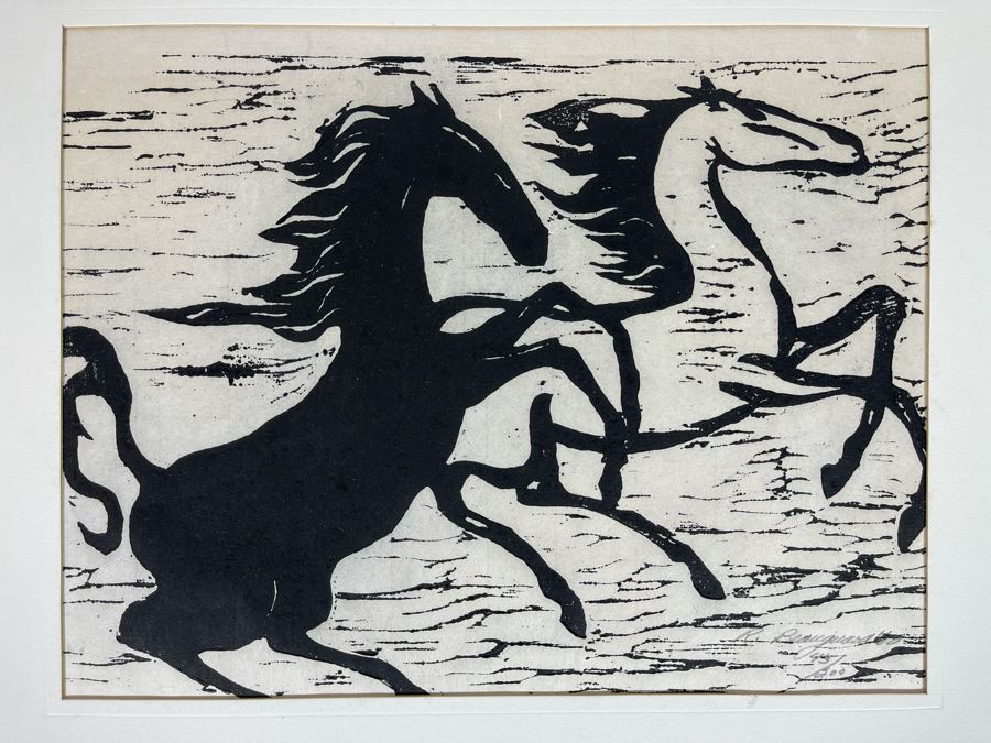 Signed 1962 Wood Engraving Titled 'Wild Horses' By R. Beauguard Limited Edition Framed 13 X 10