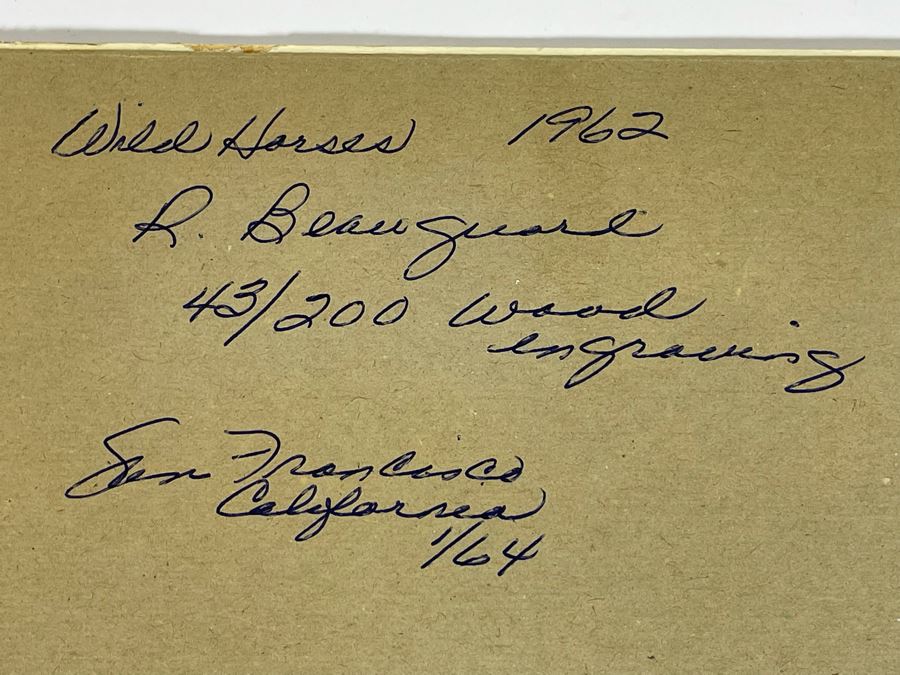 Signed 1962 Wood Engraving Titled 'Wild Horses' By R. Beauguard Limited Edition Framed 13 X 10 [Photo 4]