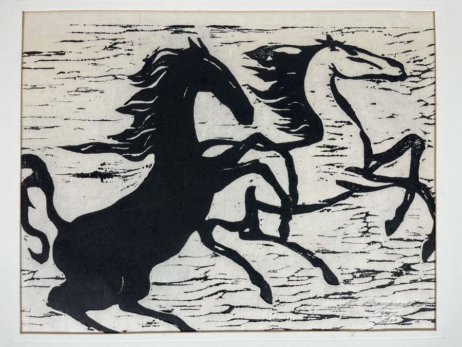 Signed 1962 Wood Engraving Titled 'Wild Horses' By R. Beauguard Limited Edition Framed 13 X 10 [Photo 2]