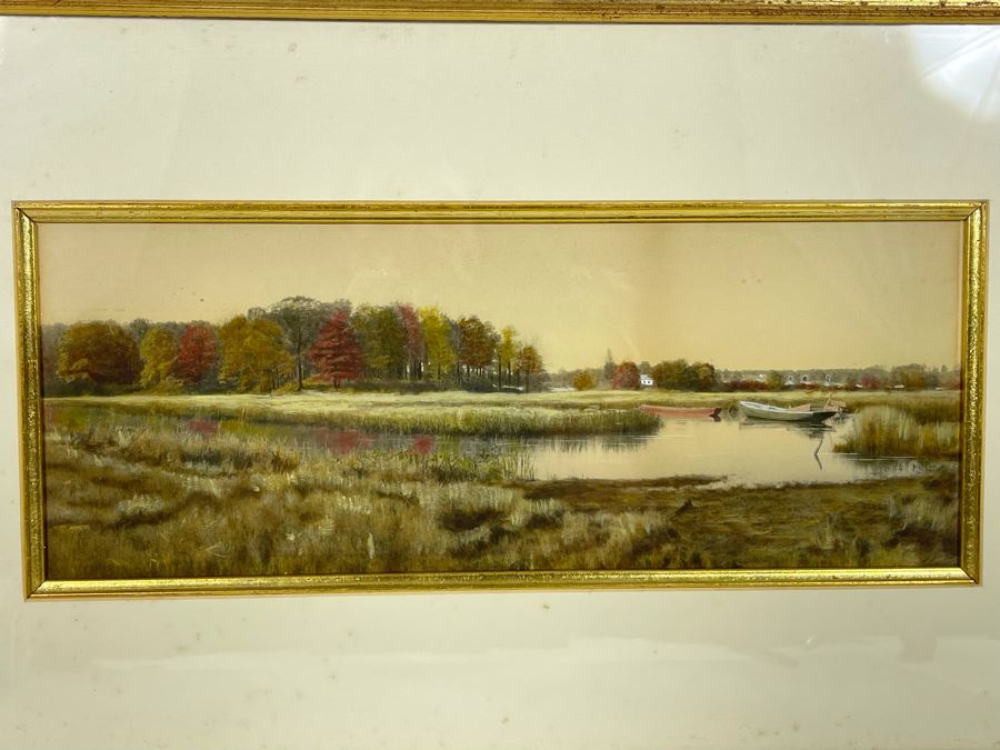 Original American Pastel Painting c.1900 Boats In A Cove Framed From The Andrew Stasik Fine Arts Gallery In Connecticut Frame Measures 22 X 13