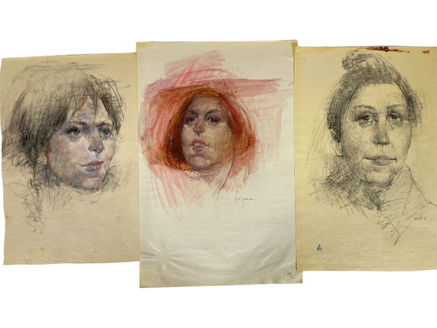 Three Original Max Turner Face Portrait Drawings On Paper Apx 12 X 16 - Middle Drawing Is Signed Max Turner