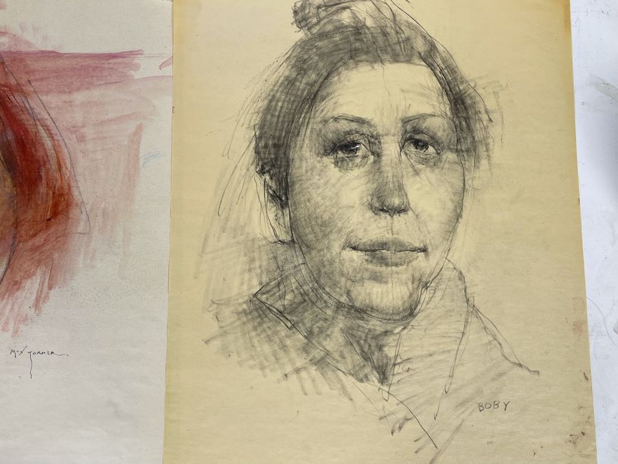 Three Original Max Turner Face Portrait Drawings On Paper Apx 12 X 16 - Middle Drawing Is Signed Max Turner [Photo 9]