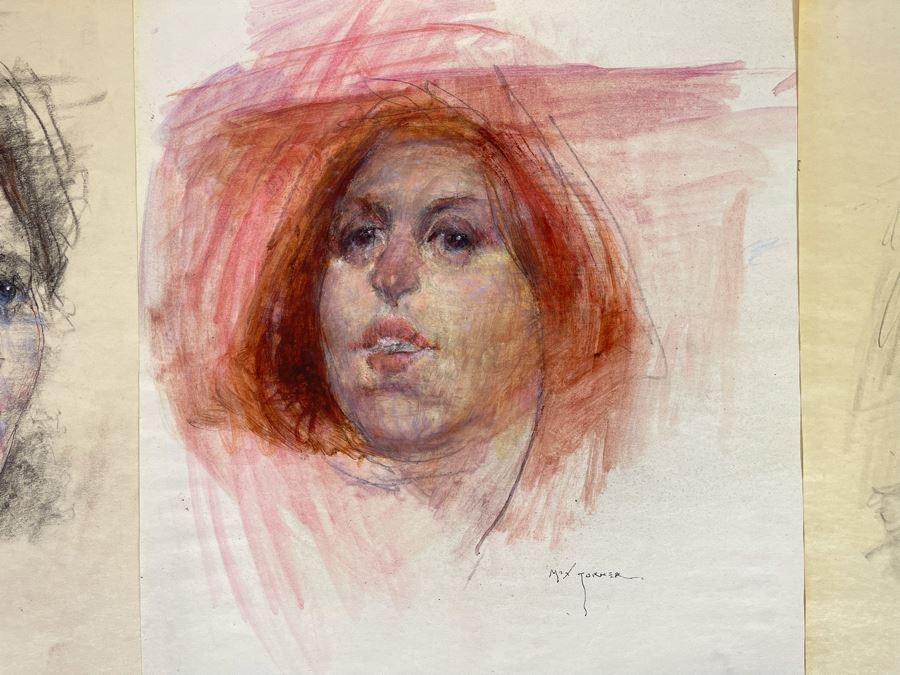 Three Original Max Turner Face Portrait Drawings On Paper Apx 12 X 16 - Middle Drawing Is Signed Max Turner [Photo 2]