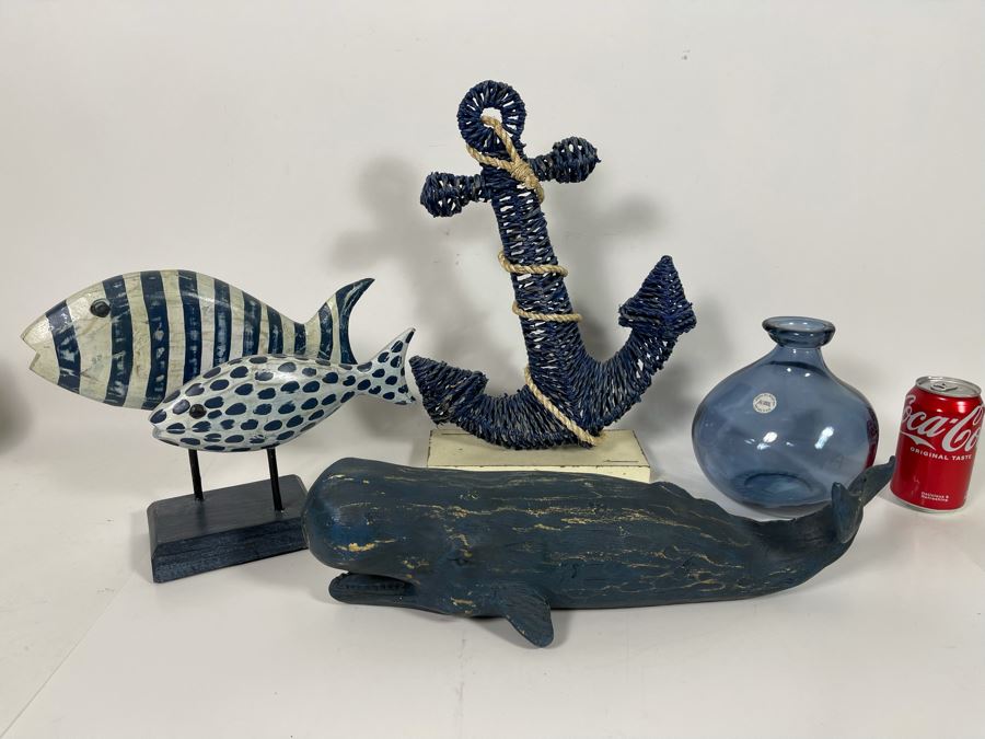Nautical Beach Decor Lot Featuring Whale, Fish, Anchor And Blue Glass [Photo 1]