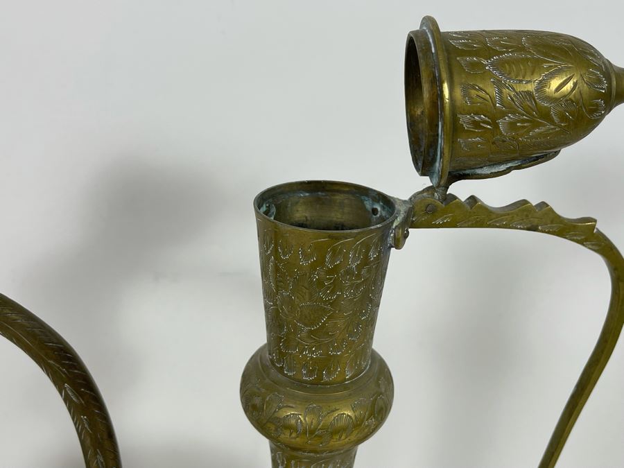 White Pottery Elephant Figurine And Etched Brass Vessel 18H From India [Photo 6]