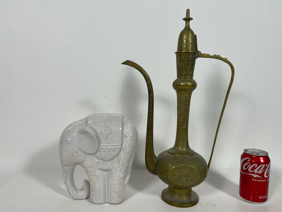 White Pottery Elephant Figurine And Etched Brass Vessel 18H From India [Photo 2]