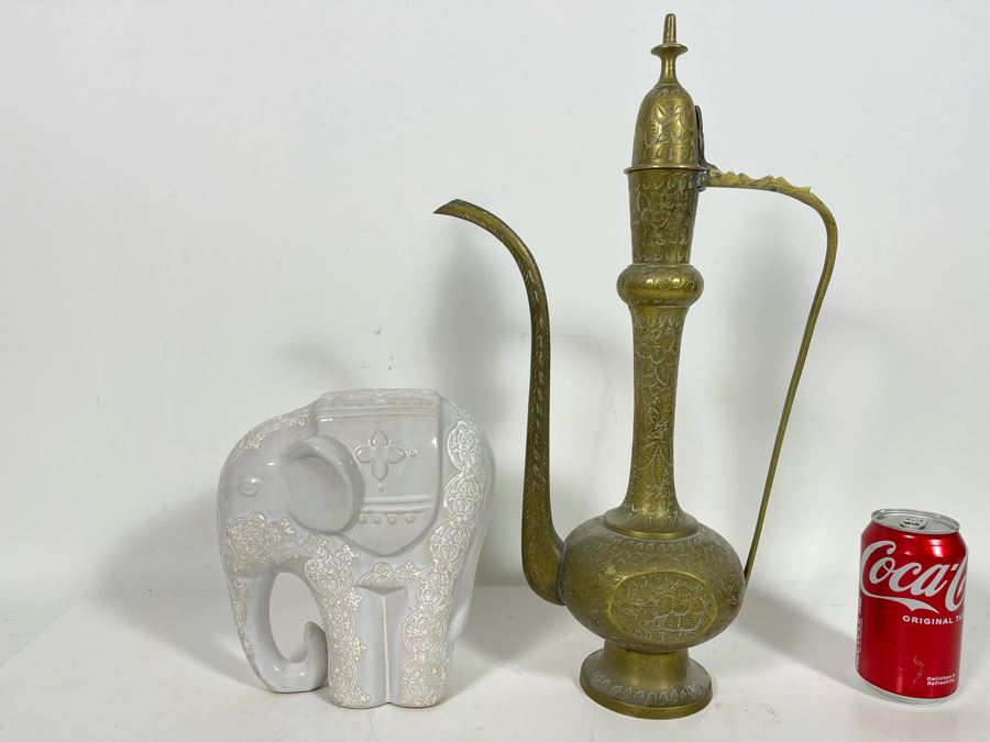 White Pottery Elephant Figurine And Etched Brass Vessel 18H From India [Photo 1]