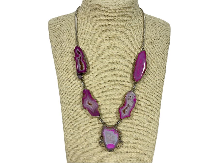 Sterling Silver 24' Necklace With Pink Polished Agates [Photo 1]
