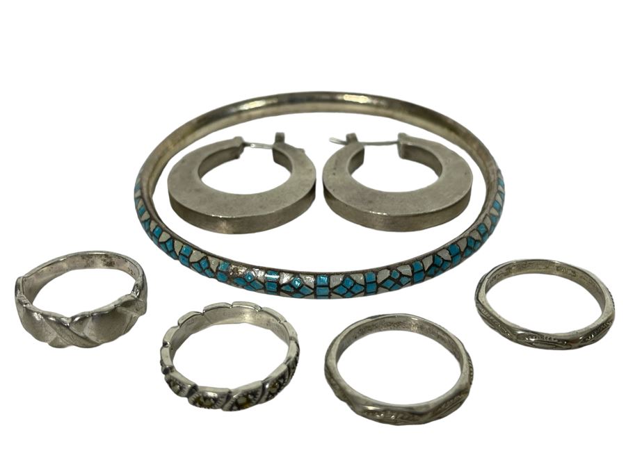 Collection Of Sterling Silver Jewelry Includes 4 Rings, Earrings And Bracelet [Photo 1]