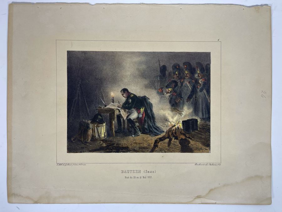 Antique 1836 Paul Gavarni, Napoleon In Bautzen (Saxe) Lithograph Hand Colored 14 X 11 [Photo 2]