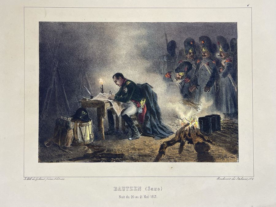 Antique 1836 Paul Gavarni, Napoleon In Bautzen (Saxe) Lithograph Hand Colored 14 X 11 [Photo 3]