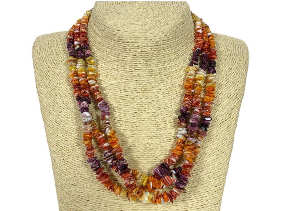 Multi-Strand Polished Stone Necklace With Sterling Silver Clasp