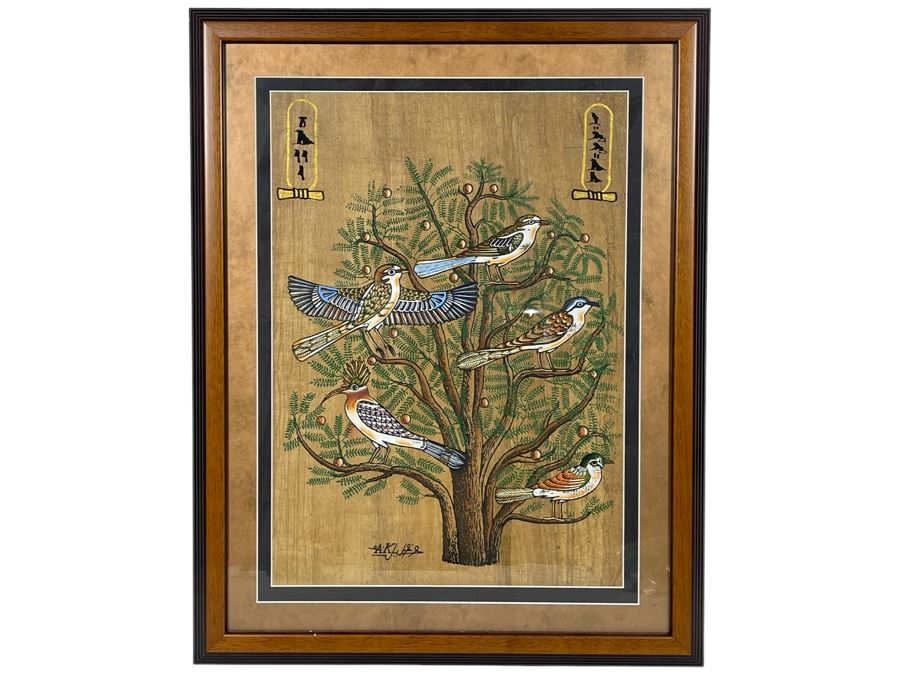 Original Papyrus Egyptian Painting Birds In Tree Framed Frame Measures 22 X 28 [Photo 1]