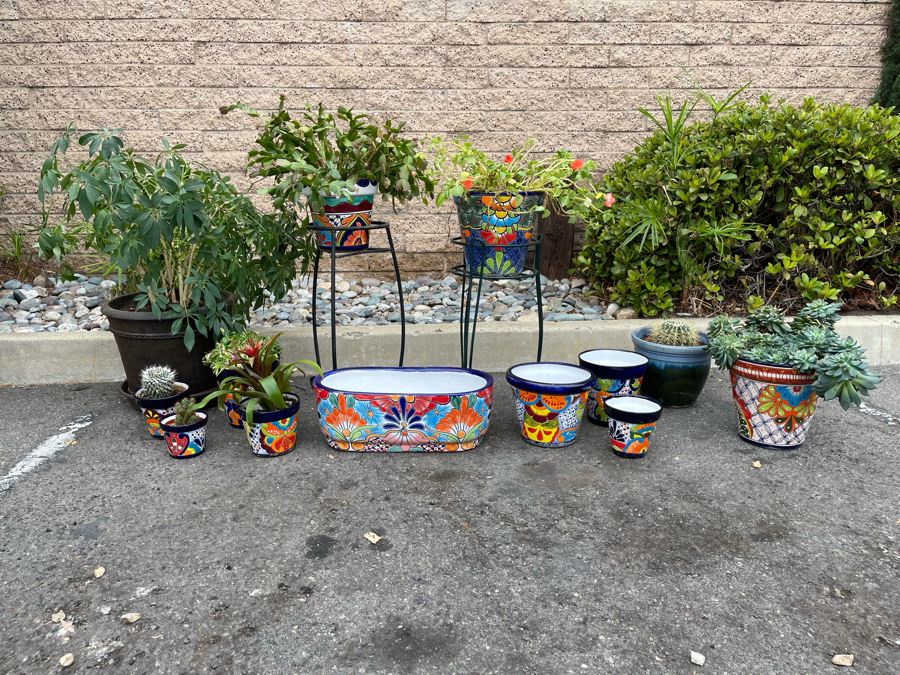 Collection Of Mainly Mexican Triple Glazed Pots And Plants Apx 13 Pots [Photo 2]