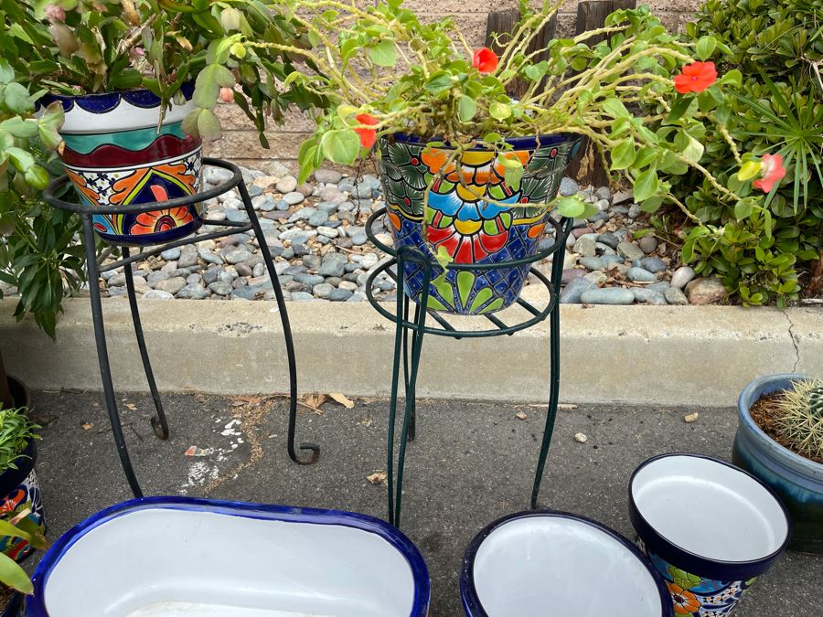 Collection Of Mainly Mexican Triple Glazed Pots And Plants Apx 13 Pots [Photo 8]