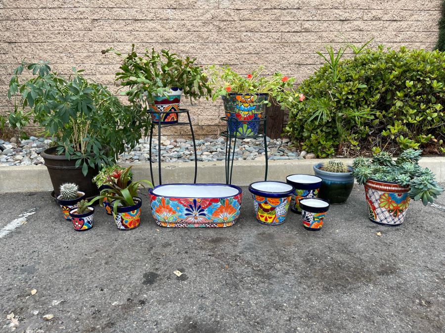 Collection Of Mainly Mexican Triple Glazed Pots And Plants Apx 13 Pots [Photo 3]