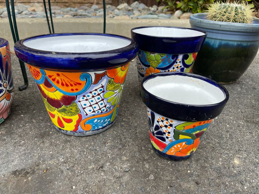 Collection Of Mainly Mexican Triple Glazed Pots And Plants Apx 13 Pots [Photo 7]
